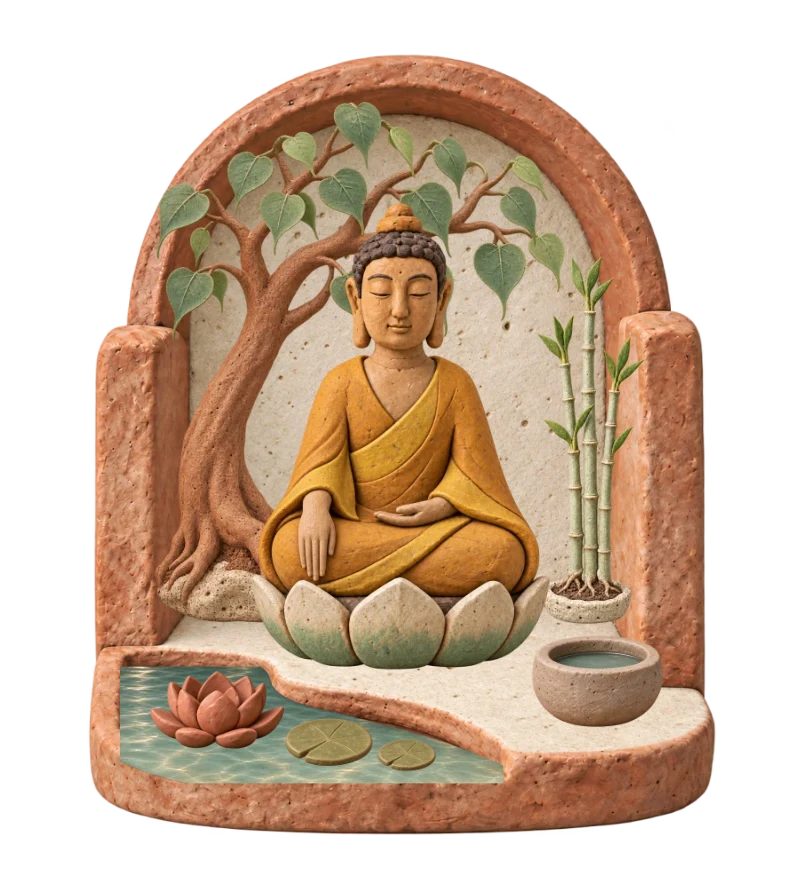 A clay Buddha beneath a Bodhi tree, in a tiny courtyard with bamboo, water and a lotus.